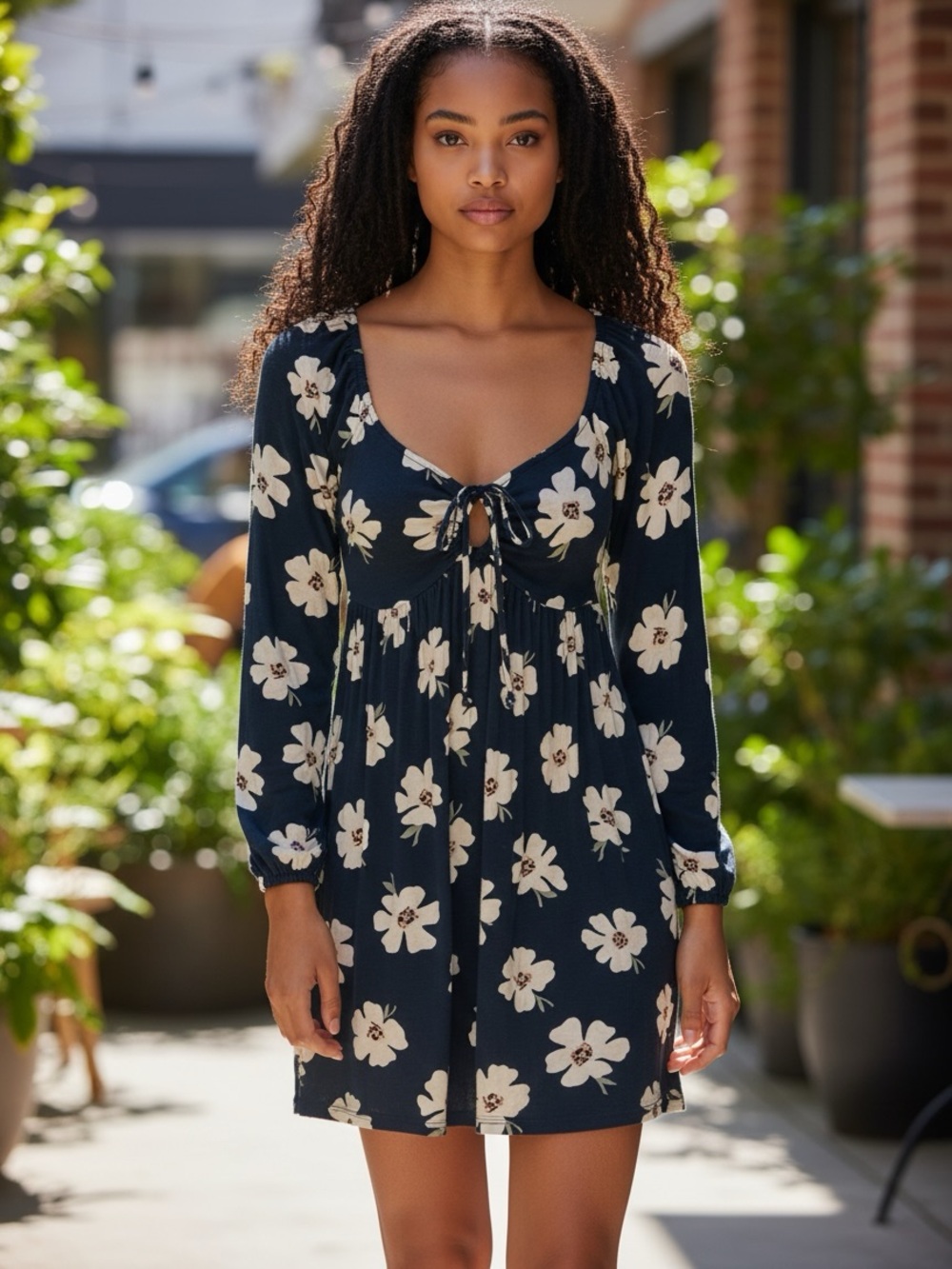 American Eagle Floral Woman’s Medium Navy Blue Long Sleeve Dress Boho Viscose